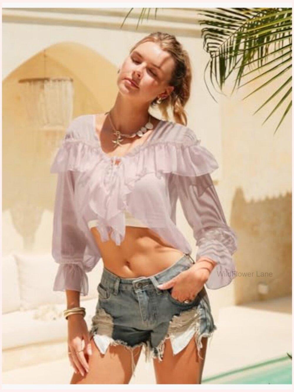 Lace Tie Front Blouse Flowy Long Sleeve V Neck Boho Shirt - Picture 4 of 7